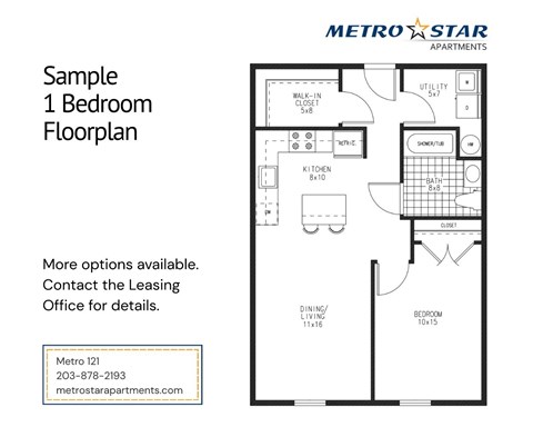 A floor plan for a one bedroom apartment from Metro Star Apartments.